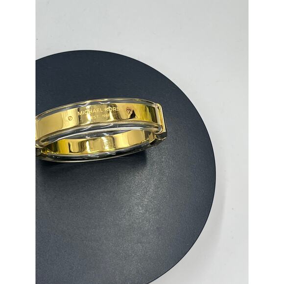 Michael Kors Gold Tone Acetate Acrylic Hinge Logo Plaque Bangle Bracelet MKJ5603 - Picture 12 of 14